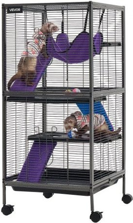 VEVOR Kleintierkäfig aus Metall für Frettchen, Chinchillas, Gleithörnchen, Meerschweinchen und Kaninchen, 4-stöckiges Kleintiergehege mit feststellbaren Schwenkrollen, Farbe: Schwarz/Silber, H x B x T: 113 x 52 x 52 cm