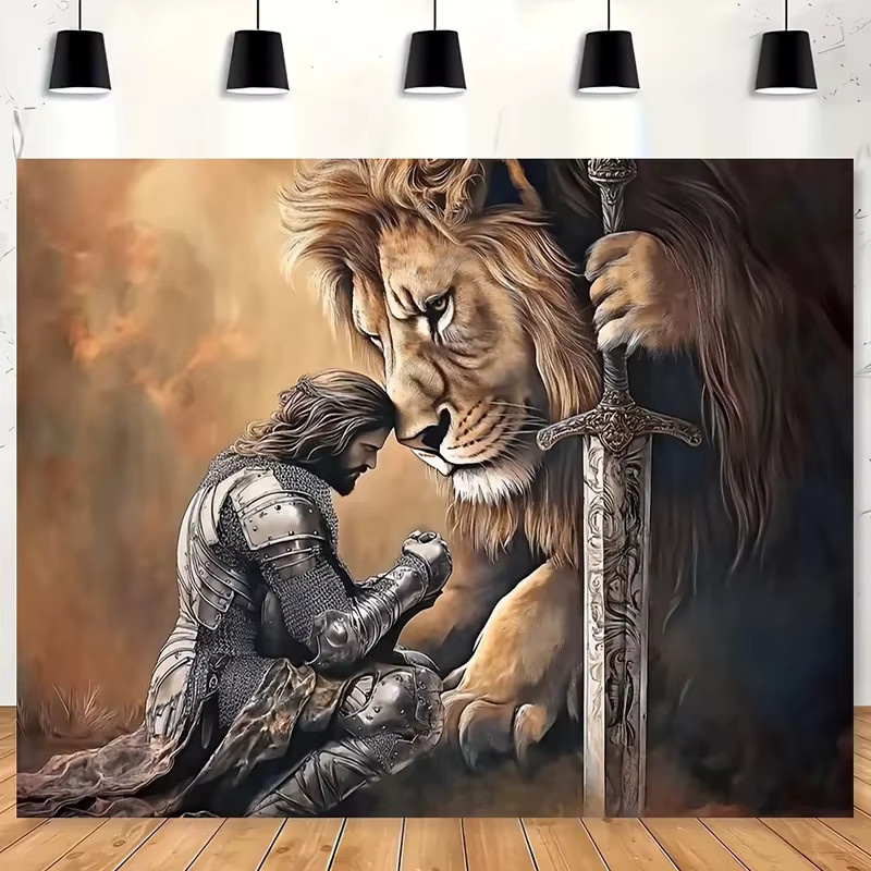 VIKAMA Wandteppich mit Ritter und Löwe im Vintage-Fantasy-Stil, Mehrfarbig - Bild 3
