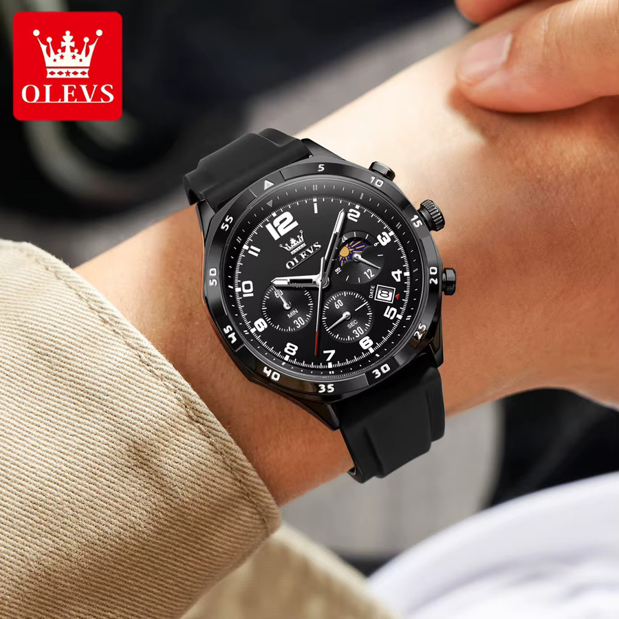 OLEVS Herrenuhr, Quarz, Mondphase, Datum, 42 mm, Silikonarmband, Schwarz - Bild 4