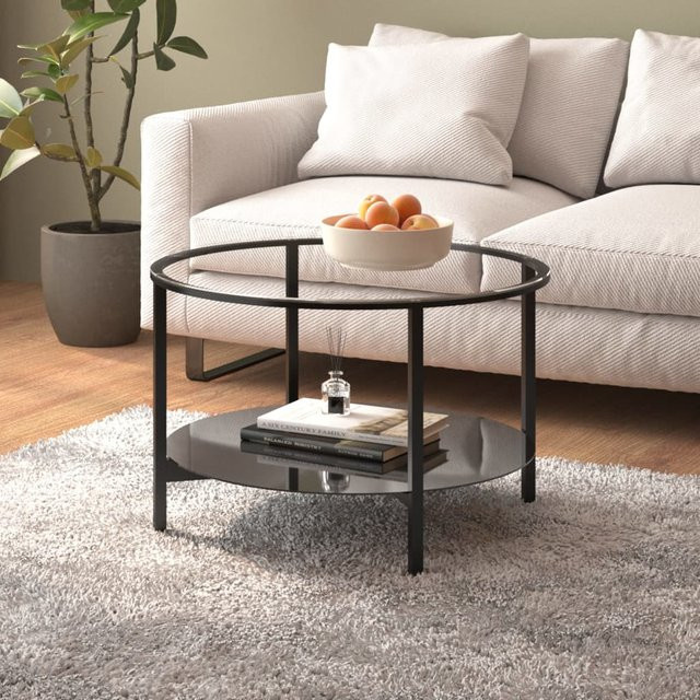 vidaXL Couchtisch Modern mit schwarzem Metallrahmen und runder Glasplatte in Schwarz und Transparent, Durchmesser: 70 cm - Bild 2