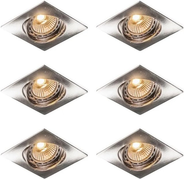 QAZQA Set mit 6 quadratischen Einbaustrahlern aus Edelstahl in Silber, dimmbar und schwenkbar, GU10, Warmweiß - Bild 1