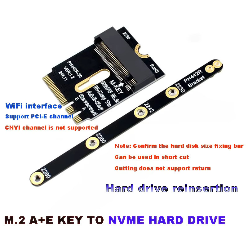 T.F.SKYWINDINTL M.2 Key A+E zu NVMe SSD Adapter, M.2 WIFI Schnittstelle A/E Key zu M Key Gen3 X4 Riser-Karte für 2230 2242 2260 2280 SSD, Schwarz - Bild 3