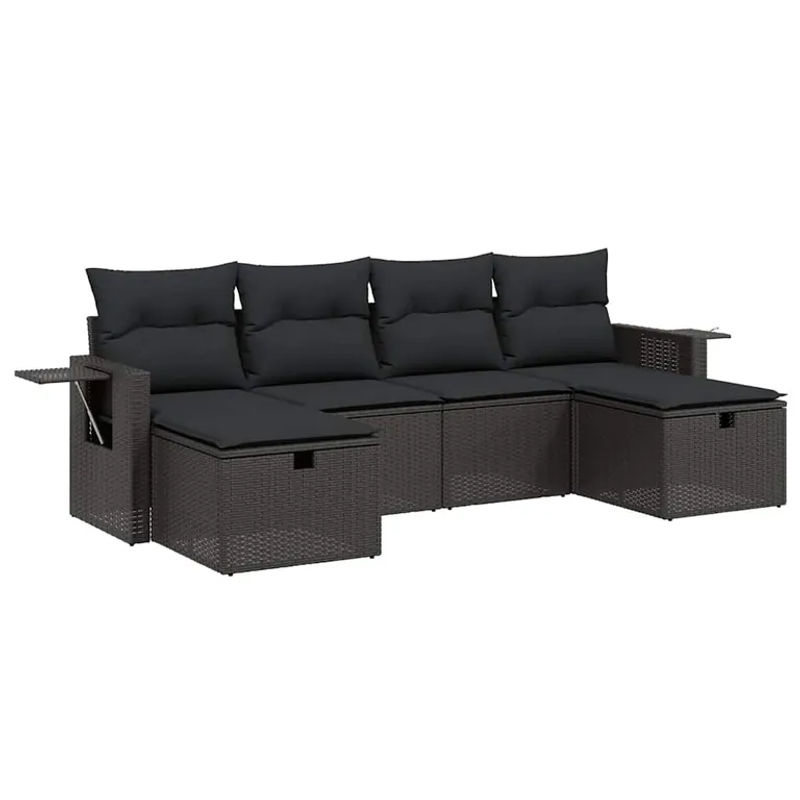 vidaXL 6-tlg Garten-Sofagarnitur aus Poly-Rattan in Schwarz mit Kissen und Stauraum - Bild 2