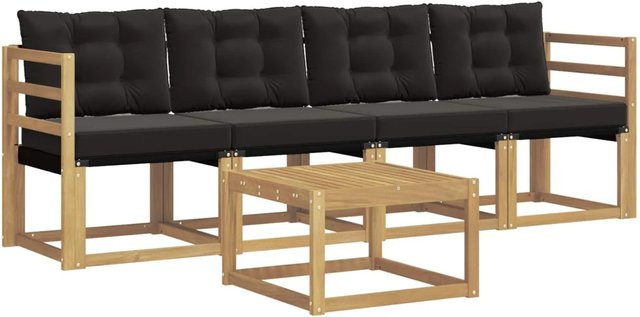 vidaXL Outdoor-Sofagarnitur 5-tlg. aus Akazienholz mit Textilene und Kissen in Weiß und Schwarz - Bild 1