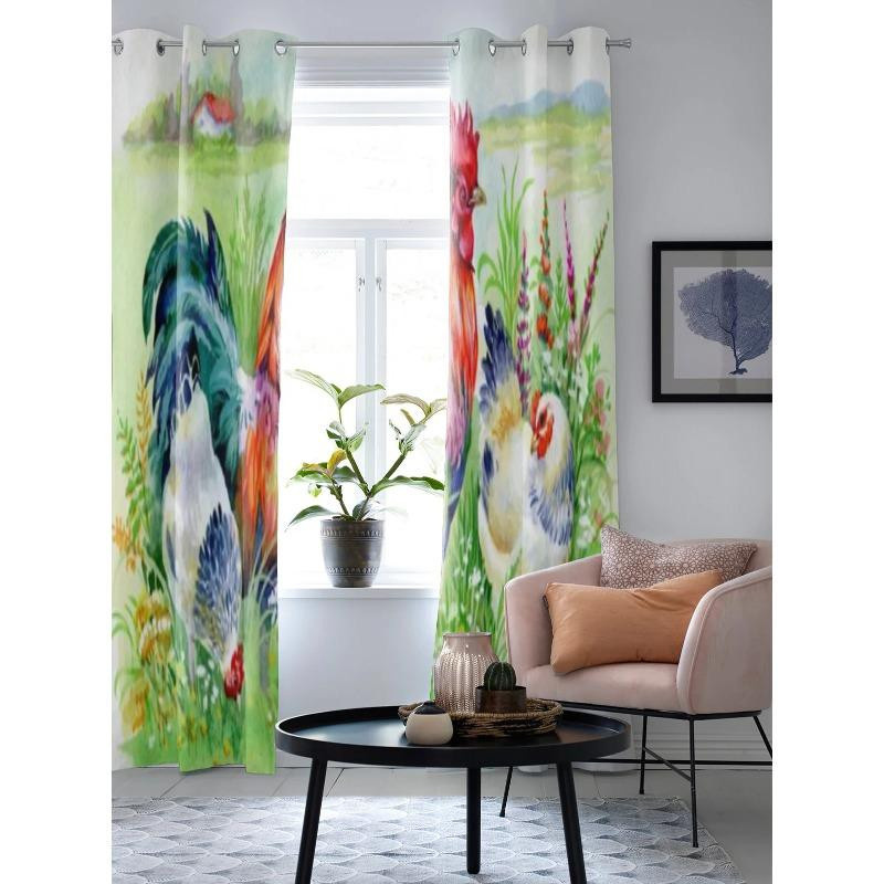 Moderne Fenstergardinen mit Huhn und Hahn Motiv für Wohnzimmer und Küche, transparent, Breite: 135 cm, Höhe: 60 cm - Bild 2