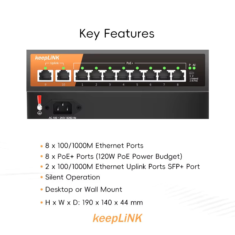 KeepLiNK KP-9000-10GP-MAC 10-Port Gigabit Unmanaged Switch mit 8-PoE und 2-RJ45 Uplink, 135W PoE Budget, Schwarz - Bild 2