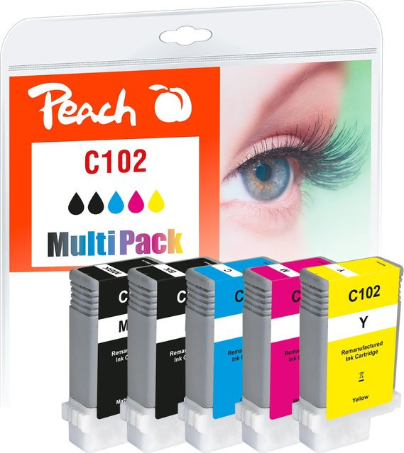 Peach C102 5er Set Druckerpatronen für Canon PFI-102, wiederaufbereitet, Multicolor (BK, BKMT, C/M/Y) für Canon Imageprograf IPF 500 und IPF 510 - Bild 1