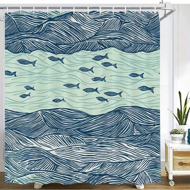 Dai Jiaochuan Duschvorhang mit Meeresmuster in Blau und Türkis, wasserdicht und schimmelresistent, B: 230 cm, H: 180 cm - Bild 1