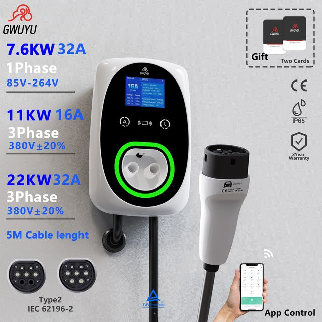 GWUYU Wandmontierte EV Wallbox Ladestation Typ2 mit 5m Kabel, 11kW 16A oder 22kW 32A, APP-Steuerung und LCD-Display, IP65 Wasserdicht, Farbe: Weiß - Bild 1