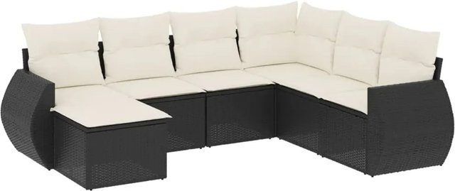 vidaXL 7-teilige Garten-Sofagarnitur in L-Form aus schwarzem Poly-Rattan mit Kissen und pulverbeschichtetem Stahlgestell - Bild 1