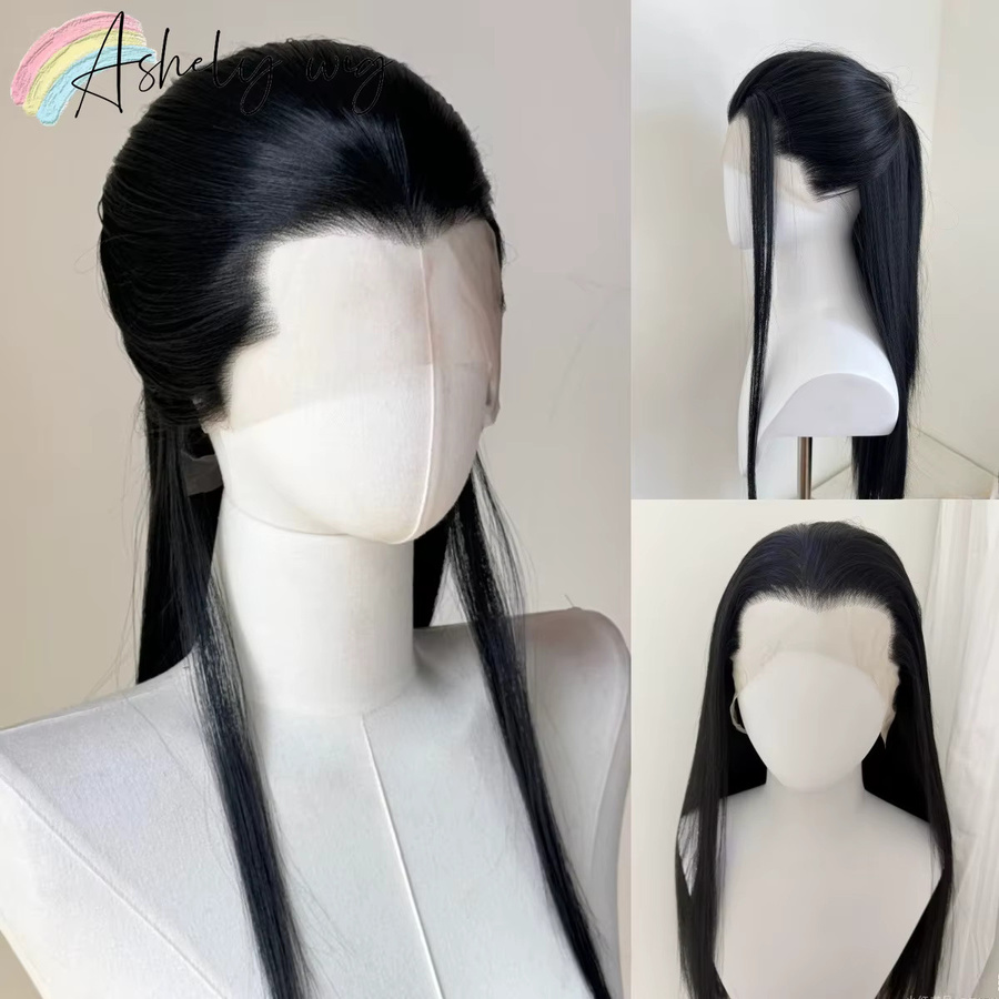 Ashely Widow's Peak Perücke, schwarze Spitzenfrontperücke, 26 Zoll, glattes Haar, synthetisch - Bild 2