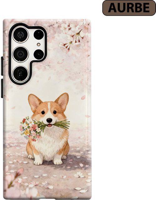 Stoßfeste Doppelschicht Handyhülle mit Corgi und Kirschblüten für Samsung Galaxy S26 S25 S24 S23 Ultra Plus, Mehrfarbig - Bild 1