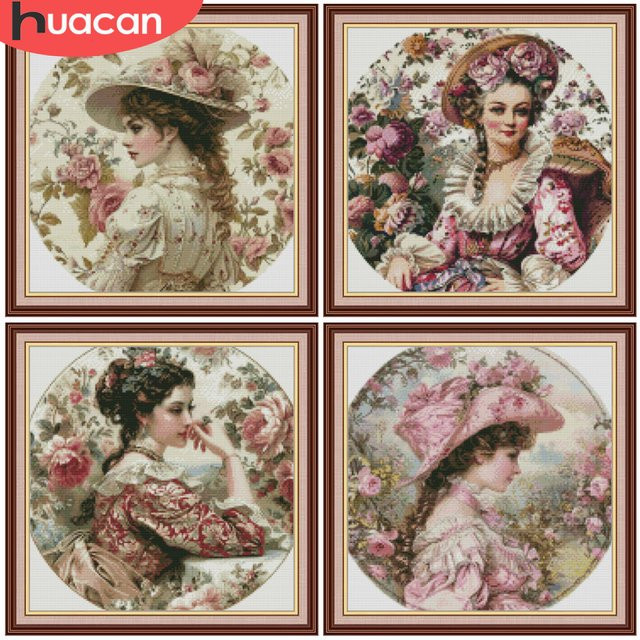 HUACAN Kreuzstich-Set mit Rosen-Blumen-Motiv und Frauenporträt, 11CT DMC-Garn, vorgedruckte Leinwand, Mehrfarbig, B/H: 30,0 x 30,0 cm - Bild 1