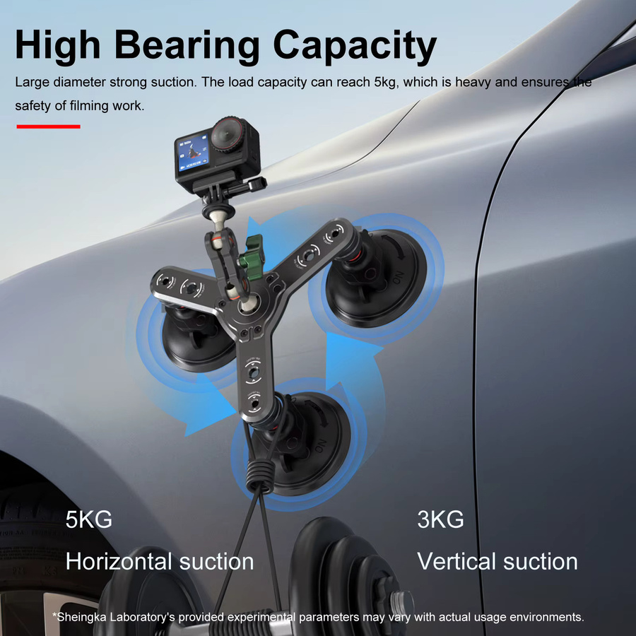 Sheingka Kamerahalterung aus Aluminiumlegierung mit 360 Grad verstellbarem Saugnapf in Schwarz für GoPro Hero 13 12 11 10 9, Insta360 und DJI Action - Bild 3