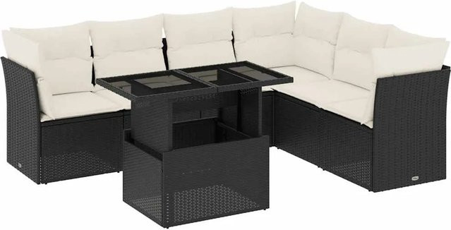 vidaXL 7-teilige Garten-Sofagarnitur in L-Form aus Poly-Rattan mit Kissen in Schwarz und Cremeweiß - Bild 1