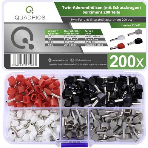 Quadrios Aderendhülsen-Sortiment 22C483 teilisoliert, Kupfer, 200 Stück in den Farben Rot, Schwarz, Weiß, Grau und Mehrfarbig (0.5 mm², 0.75 mm², 1.0 mm², 1.5 mm²) - Bild 1