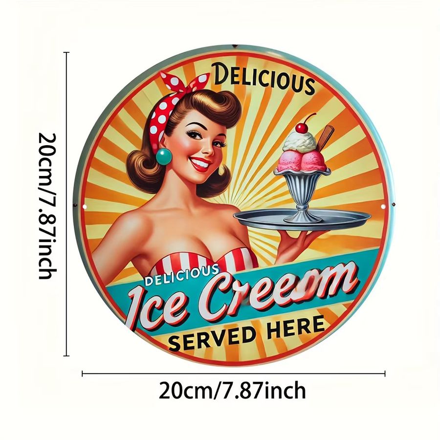 Rundes Aluminiumschild Potdemiel mit Vintage Eiscreme-Mädchen Motiv, Multicolor, Durchmesser: 20,32 cm - Bild 2
