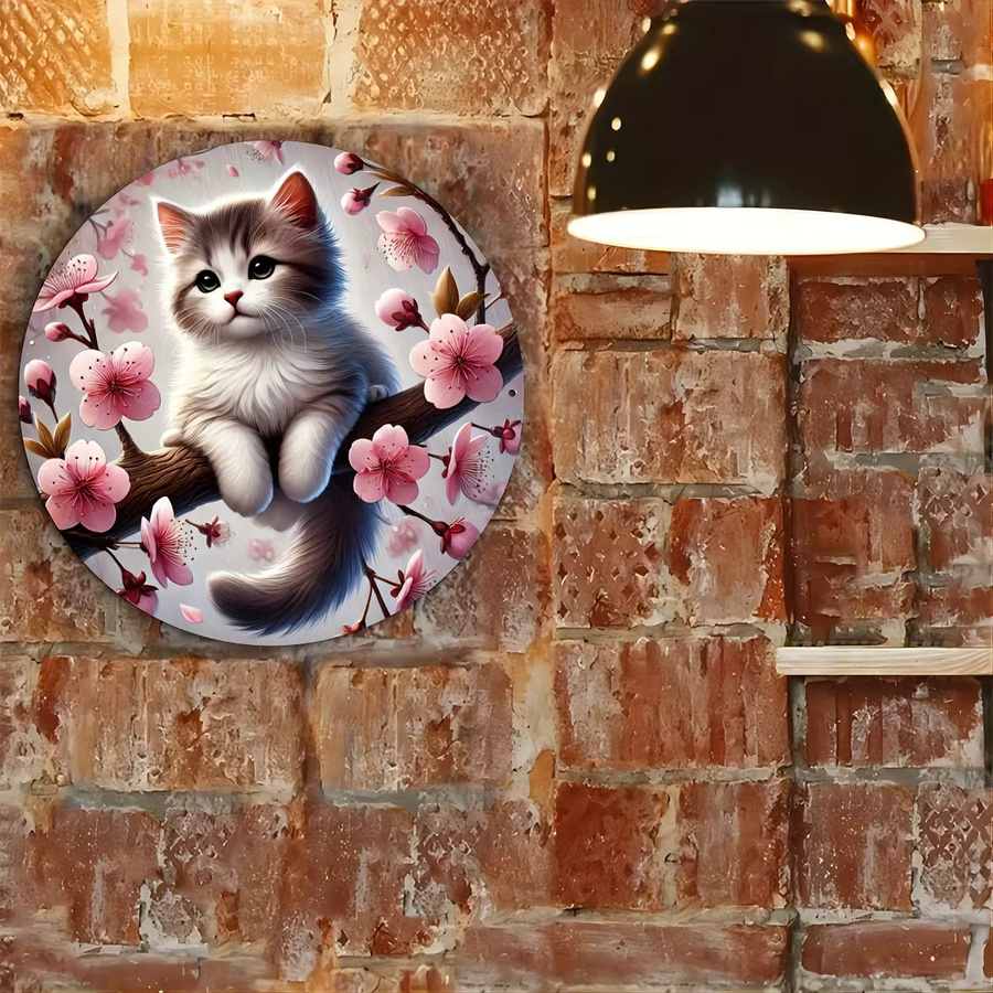 Rundes Metallschild Potdemiel im antiken Design mit weißer Tabby-Katze und rosa Kirschblüten, Durchmesser: 20 cm - Bild 4