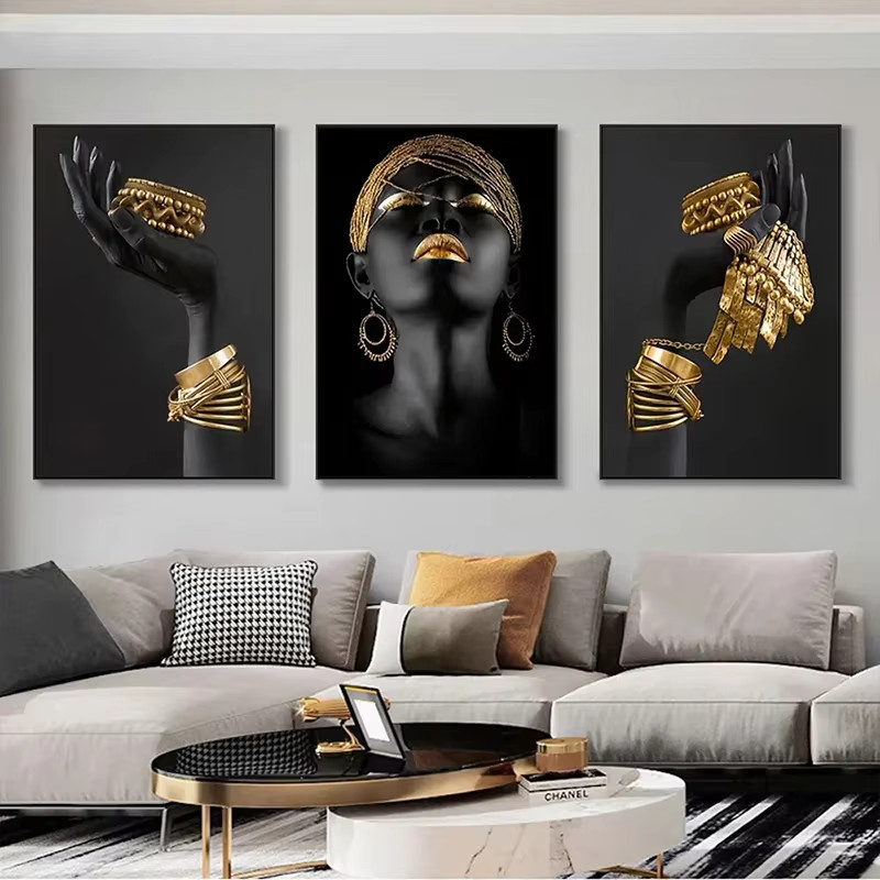 Potdemiel Wandkunst Afrikanisches Frauenporträt als Leinwanddruck in Silber und Gold für dein Wohnzimmer Dekor - Bild 2