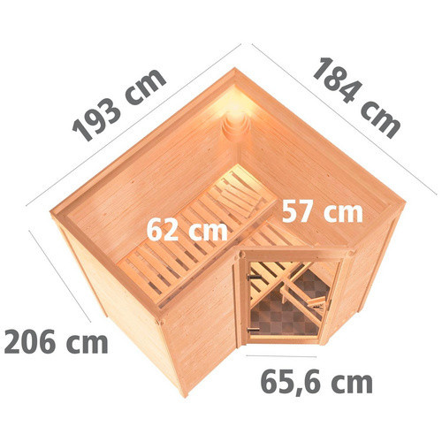 Karibu Sauna Riga 1 aus Fichtenholz mit 9 kW Saunaofen und integrierter Steuerung für 3 Personen, Farbe: beige - Bild 1