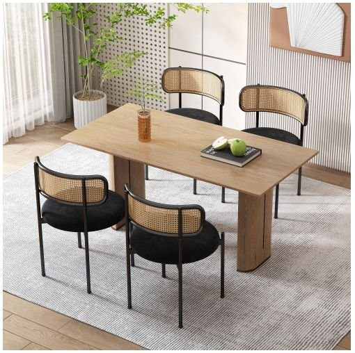 4er-Set Esszimmerstühle MUVOE aus schwarzem Samt mit Rattan-Rückenlehne und schwarzen Metallbeinen - Bild 1