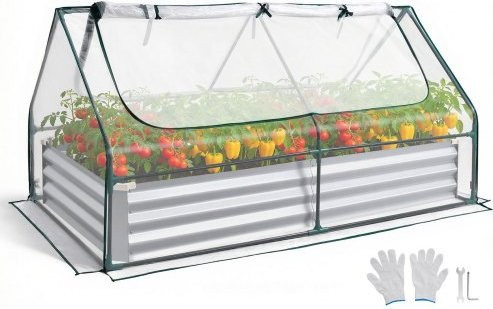 VEVOR Hochbeet aus Metall in Silber mit Gewächshausabdeckung und Handschuhen, rechteckiges Gartenbeet für Gemüse und Blumen, B/T/H: 180 x 90 x 30 cm - Bild 1