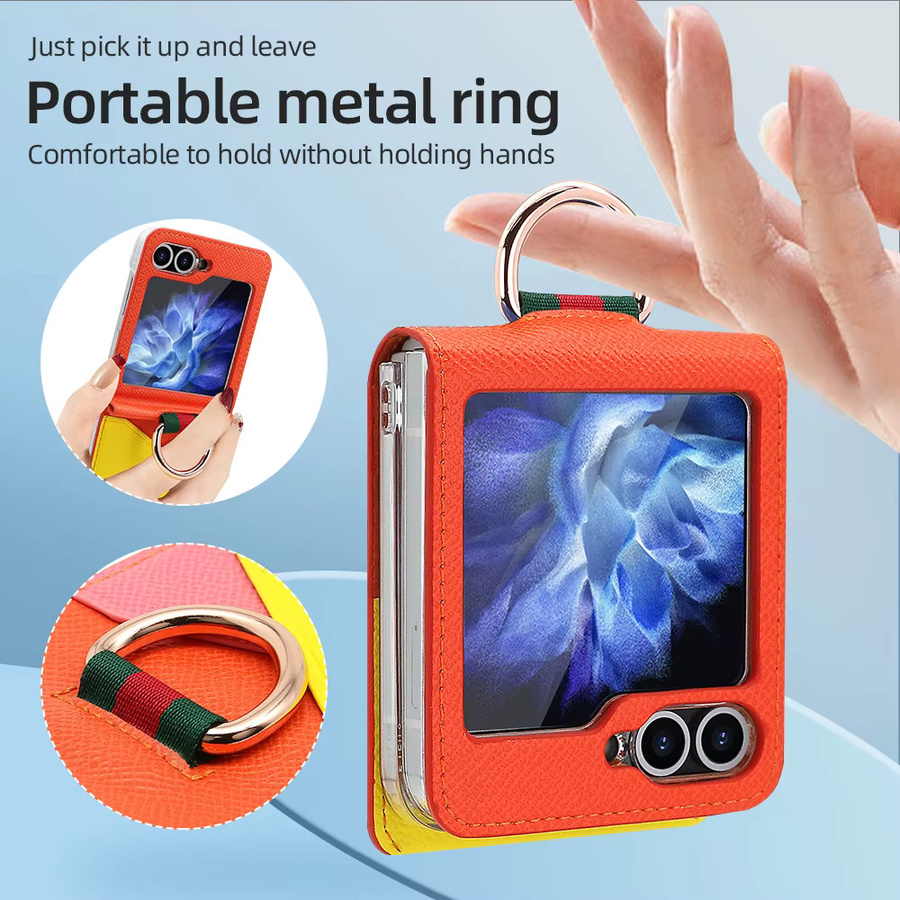 VIETAO PU-Leder Handyhülle mit Fingerring und RFID-Kartensteckplatz für Samsung Galaxy Z Flip 6, 5, 4, 3 in Farbkollision Rot/Mehrfarbig - Bild 2