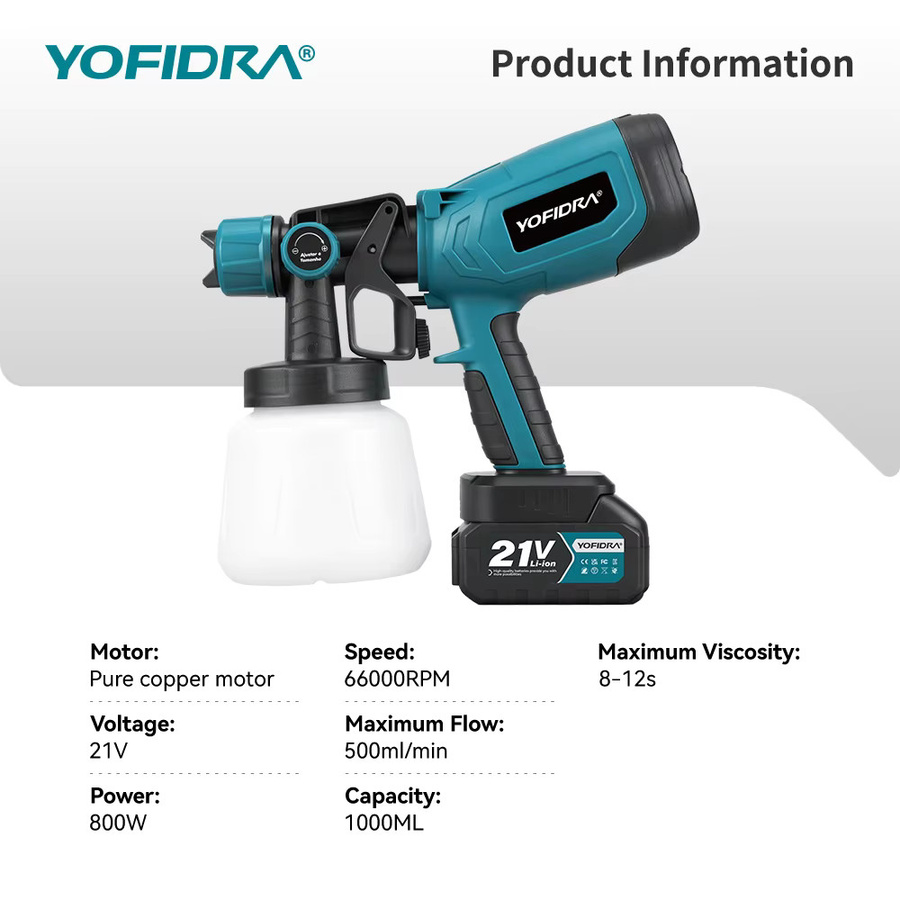 YOFIDRA Elektrische Spritzpistole Kabellose Farbspritzpistole mit 1000 ml Volumen und 66000 RPM für Makita Akku - Bild 2