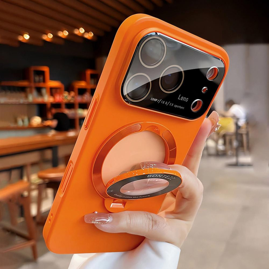 Magnetische 2-in-1 Klappständer Handyhülle für Apple iPhone 15 16 17 Pro Max Plus mit Linsenschutz und Fenster in Orange - Bild 3