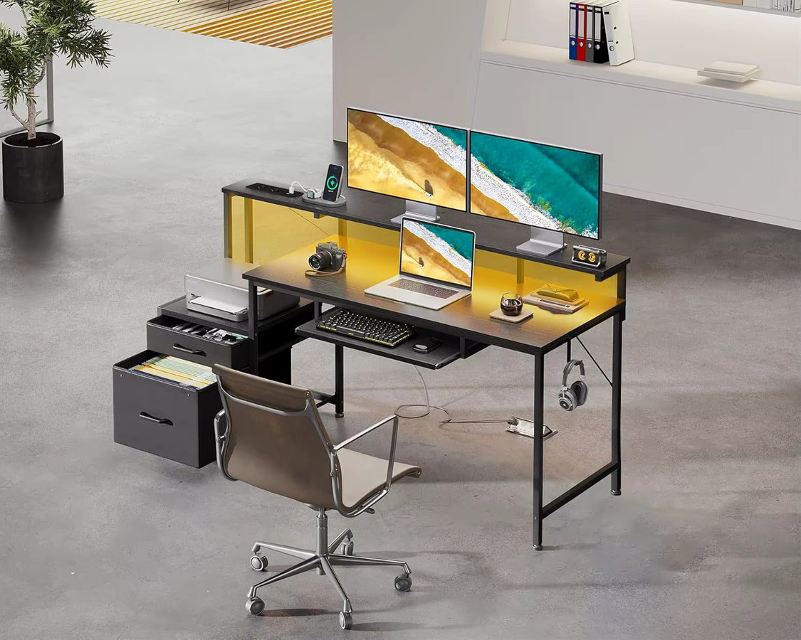 Coleshome Gaming Schreibtisch mit Steckdose und 2 Stoff Schubladen, Computertisch mit Monitorständer, Reversibel, Schwarz, Breite: 140 cm, Tiefe: 48 cm - Bild 6
