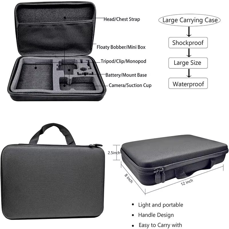 GoPro Action Camera Zubehör-Set für Hero 12, 11, 10 und 9 inklusive schwarzer Tragetasche, wasserdichtem Gehäuse und Stativ-Set - Bild 2