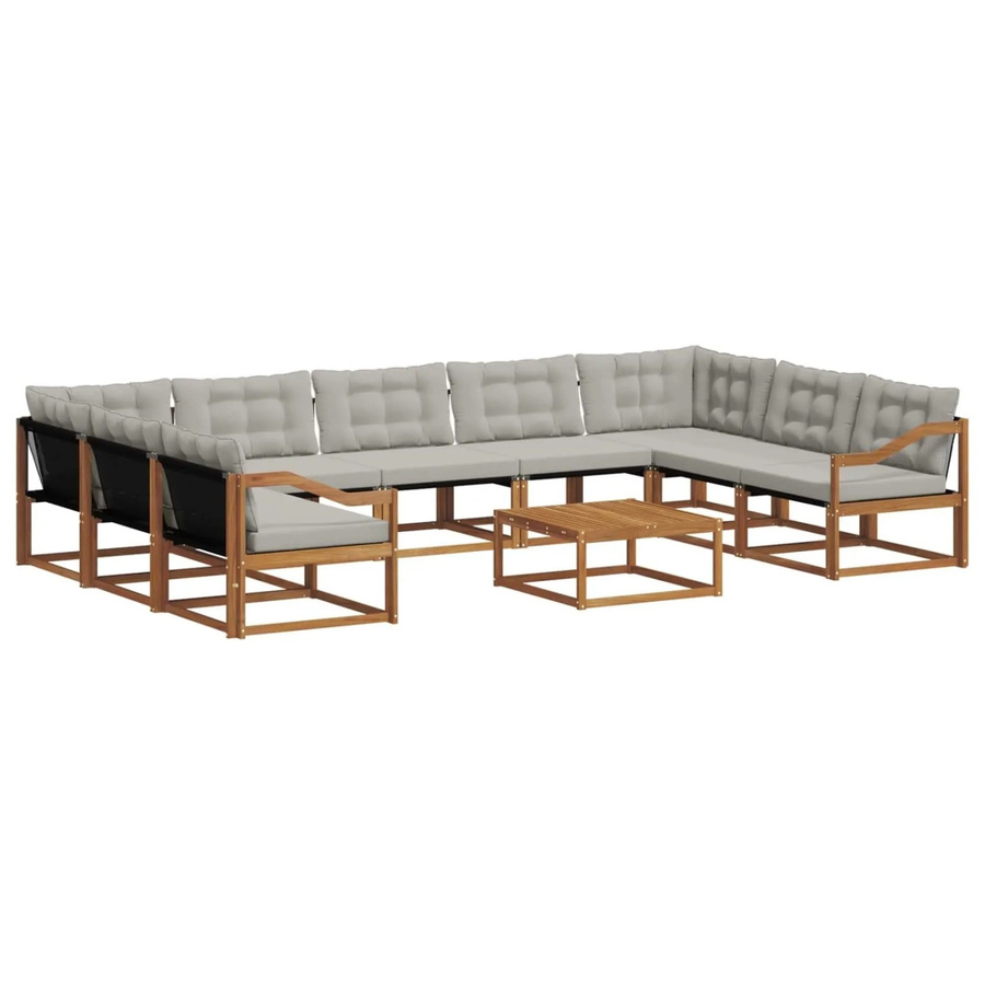 vidaXL Outdoor-Sofagarnitur aus Massivholz in L-Form mit Textilene und Kissen, 10-teiliges Set, Natur und Hellgrau - Bild 2