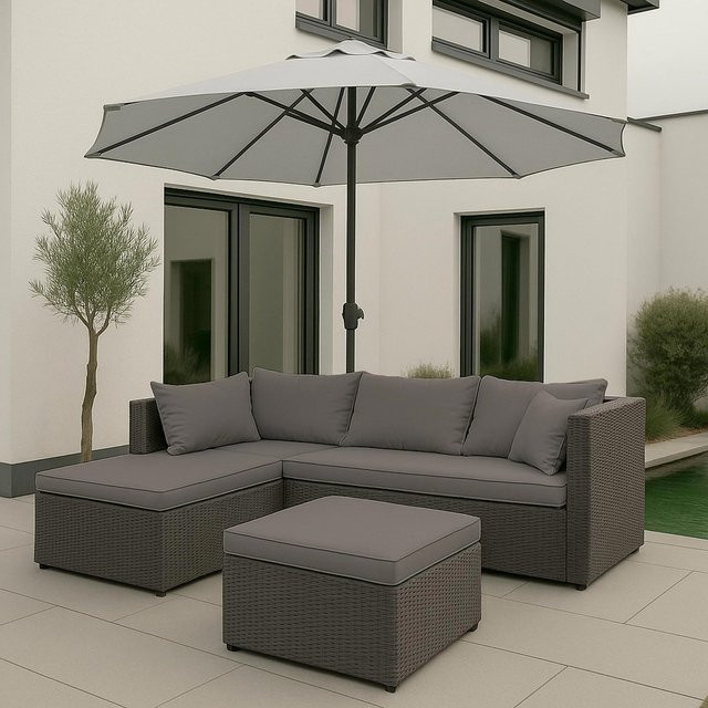 MCW Poly-Rattan Lounge-Set O46 in Grau mit hellgrauen Sitz- und Rückenpolstern - Bild 1