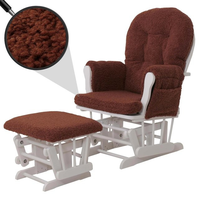 MCW Relaxsessel C76 Schaukelstuhl mit Hocker aus Stoff Bouclé in Rostbraun und weißem Holzgestell - Bild 1