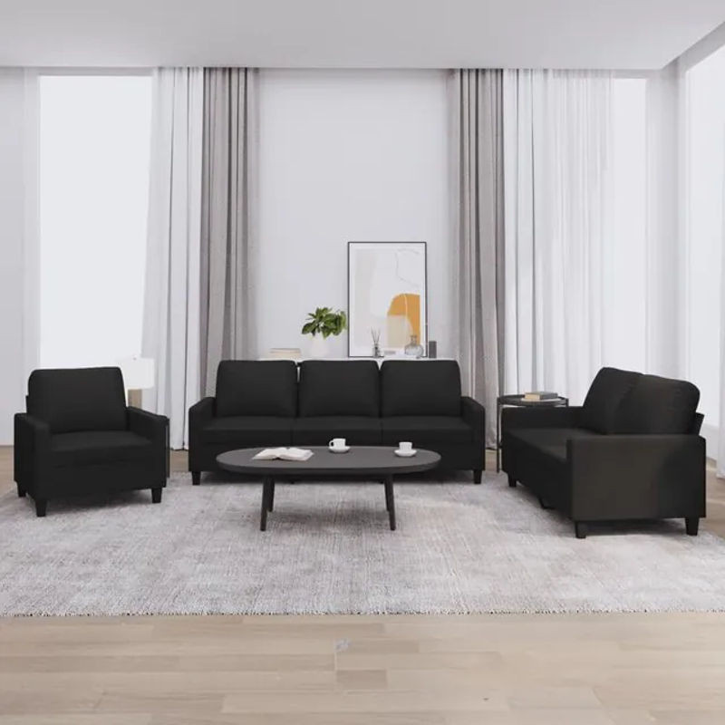 Vidaxl 3-Sitzer Sofa-Set mit Kissen aus Kunstleder in Schwarz, Modernes Design - Bild 1