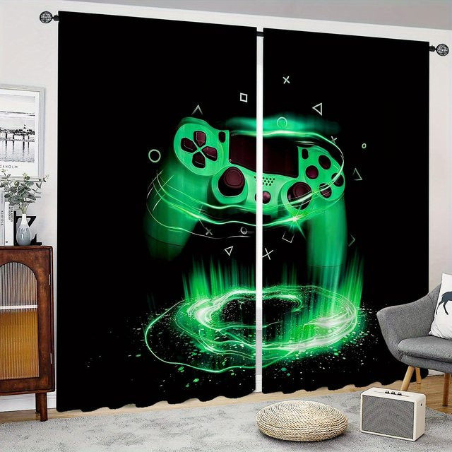 2-teiliges Gaming-Vorhang-Set mit Game-Controller-Motiv in Grün und Schwarz, modern und halbtransparent, Breite: 100 cm, Höhe: 130 cm - Bild 1