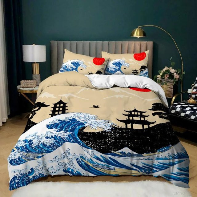 Flylo Bettwäsche-Set im japanischen Ukiyo-E Stil mit 3D-Wellenmuster, Beige, B/H: 150 x 200 cm - Bild 1