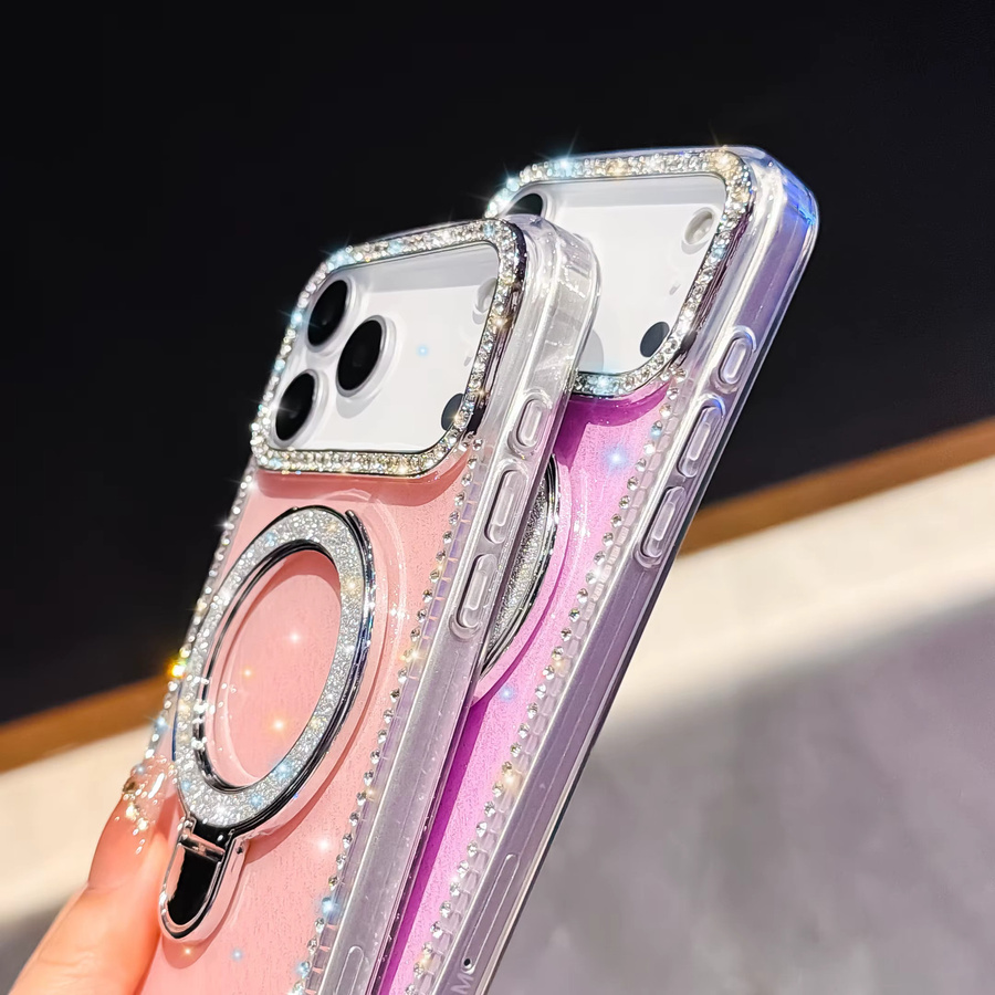 Luxuriöse Magnetische iPhone Schutzhülle mit Diamant-Glitzer und Ständer in Transparent oder Pink für iPhone 17 16 15 14 13 Pro Max - Bild 3
