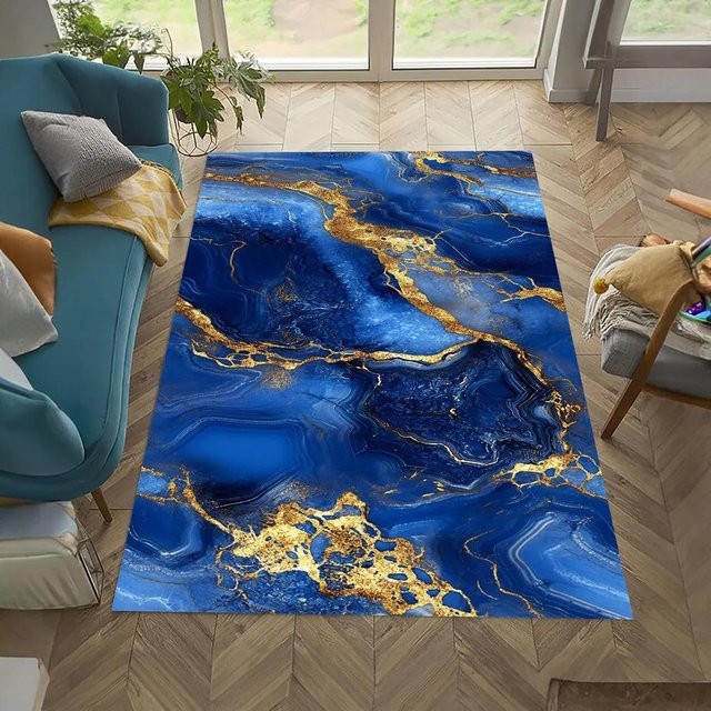 Waschbarer Teppich in Marmoroptik von Lodestar, Blau, B/T: 60 x 40 cm - Bild 1