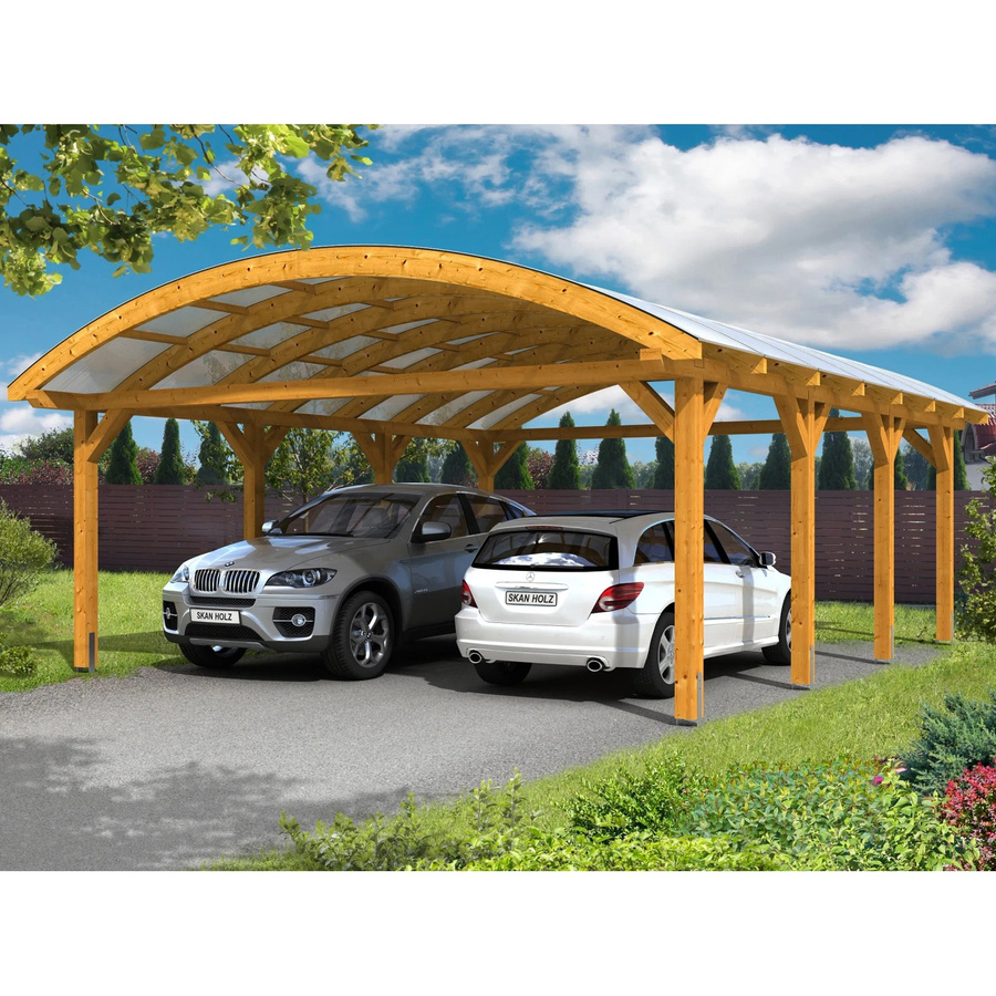 Skan Holz Carport Franken Bogendach mit Doppelstegplatten aus Polycarbonat, Farbe Eiche hell/beige, B/T: 635 x 755 cm, Höhe: 325 cm - Bild 2