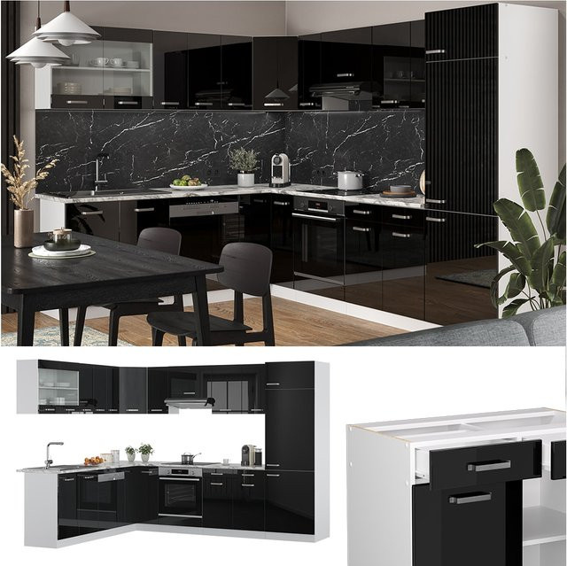 Vicco R-Line Solid Eckküche modern in Weiß und Schwarz mit Hochglanz-Finish B/T/H: 287 x 227 x 207 cm - Bild 1