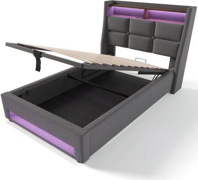 Merax Polsterbett mit LED-Unterbettbeleuchtung und USB-Anschluss in Grau, B/T/H: 90 x 200 x 41 cm - Bild 1