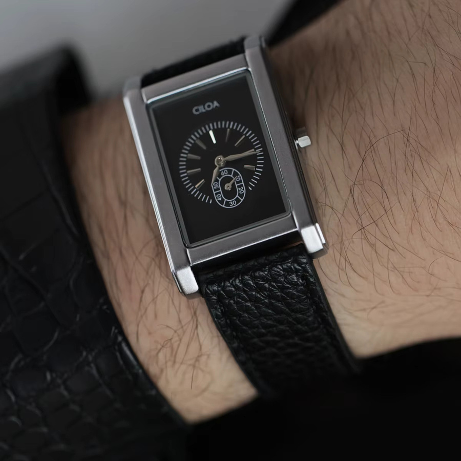 CILOA Armbanduhr, Quarz, Edelstahl, Leder, Schwarz, Eckig, Herren - Bild 2