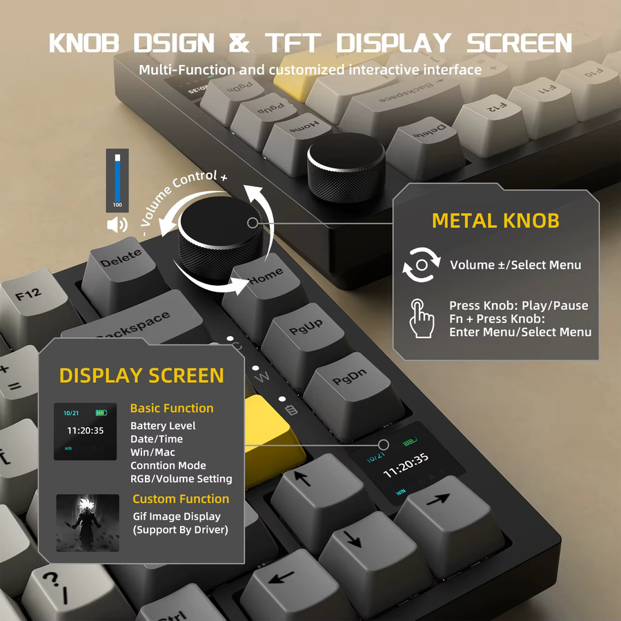 Ajazz AK820 PRO Mechanische Tastatur in Purple mit TFT Smart Display und Drehregler, 75% ANSI-Layout, Hot-Swap Linear Switches, kabellos via 2,4G/Bluetooth 5.1 oder USB-C - Bild 3