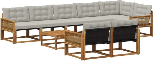 vidaXL Outdoor-Sofagarnitur L-Form aus massivem Akazienholz mit 9 Textilene-Kissen in Natur und Grau - Bild 1
