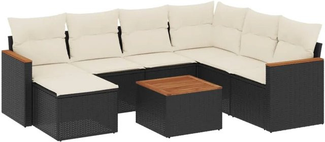 vidaXL 8-teilige Garten-Sofagarnitur in L-Form aus schwarzem PE-Rattan mit cremeweißen Kissen und pulverbeschichtetem Stahlgestell - Bild 1