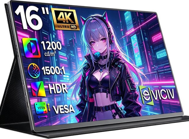 EVICIV 4K UHD tragbarer Monitor 16 Zoll mit 1200 Nits Ultrahelligkeit, 105% sRGB, mattes Display in Schwarz mit USB-C, HDMI und VESA-Halterung inklusive Schutzhülle für PC, Smartphone und Spielkonsolen - Bild 1