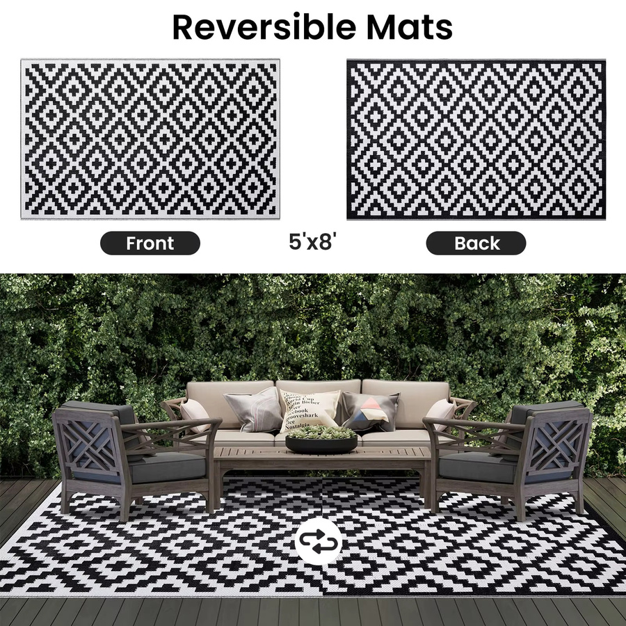 Olanly Outdoor-Teppich in Schwarz, wendbarer geometrischer Teppich aus Polypropylen für Terrasse und Garten - Bild 2