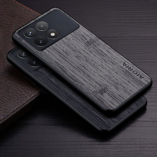 Luxus Handyhülle mit Bambus-Holzmuster aus Leder für Xiaomi Poco X6 Pro und Poco X6 in Blau - Bild 1