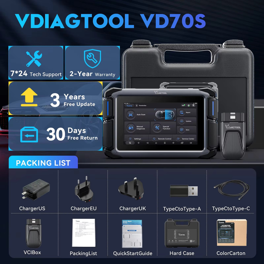 VDIAGTOOL VD70S Kfz-Diagnosegerät in Schwarz mit KI-Unterstützung für ECU-Codierung, OBD2-Diagnosewerkzeug mit Unterstützung für FCA, CAN FD und DoIP sowie 36+ Resets - Bild 3